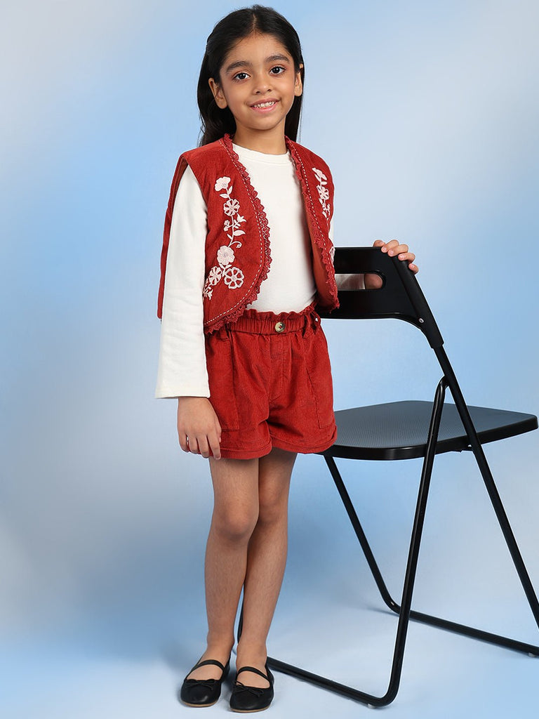 Rini Girls Sleeveless Solid Cotton Embroidered Vest - Rust Vest The Tribe Kids   