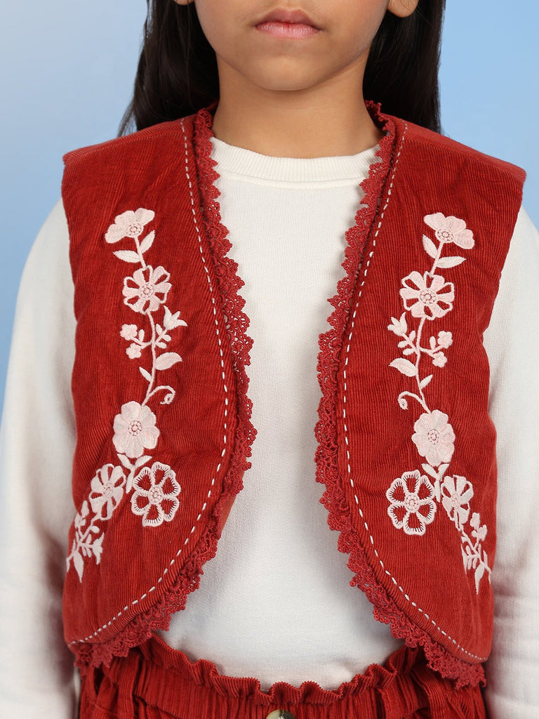 Rini Girls Sleeveless Solid Cotton Embroidered Vest - Rust Vest The Tribe Kids   