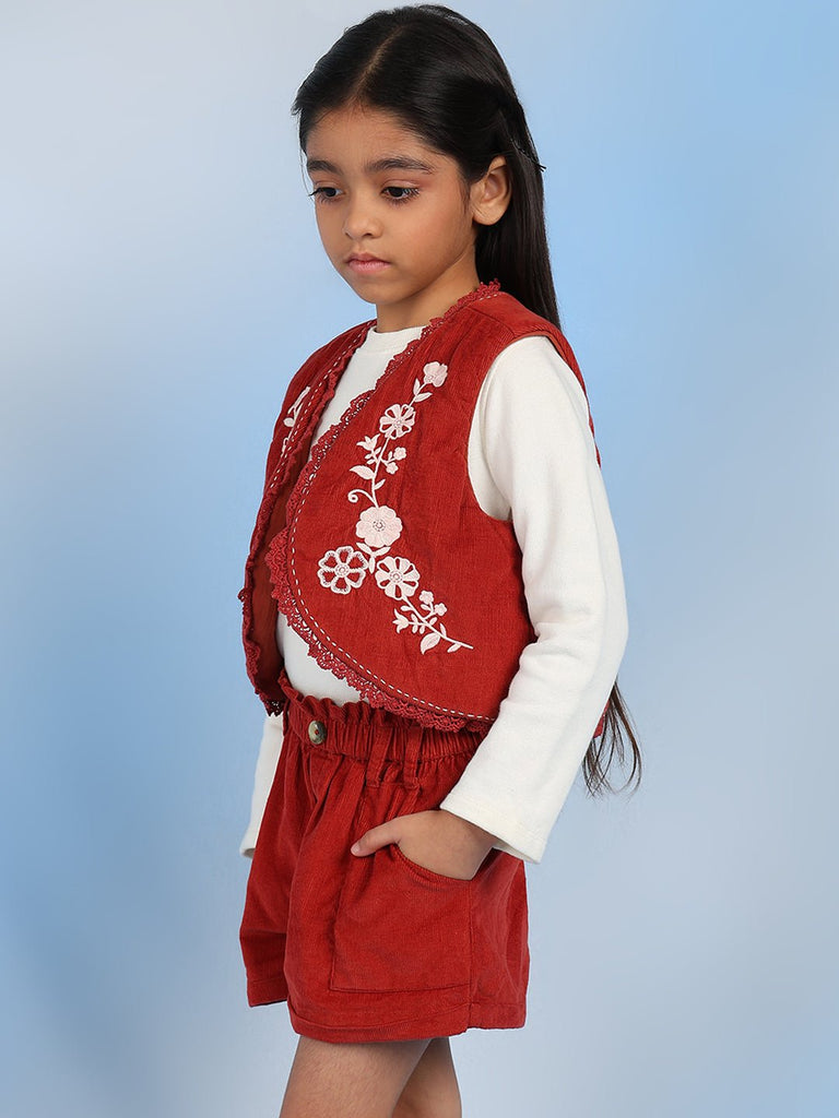 Rini Girls Sleeveless Solid Cotton Embroidered Vest - Rust Vest The Tribe Kids   