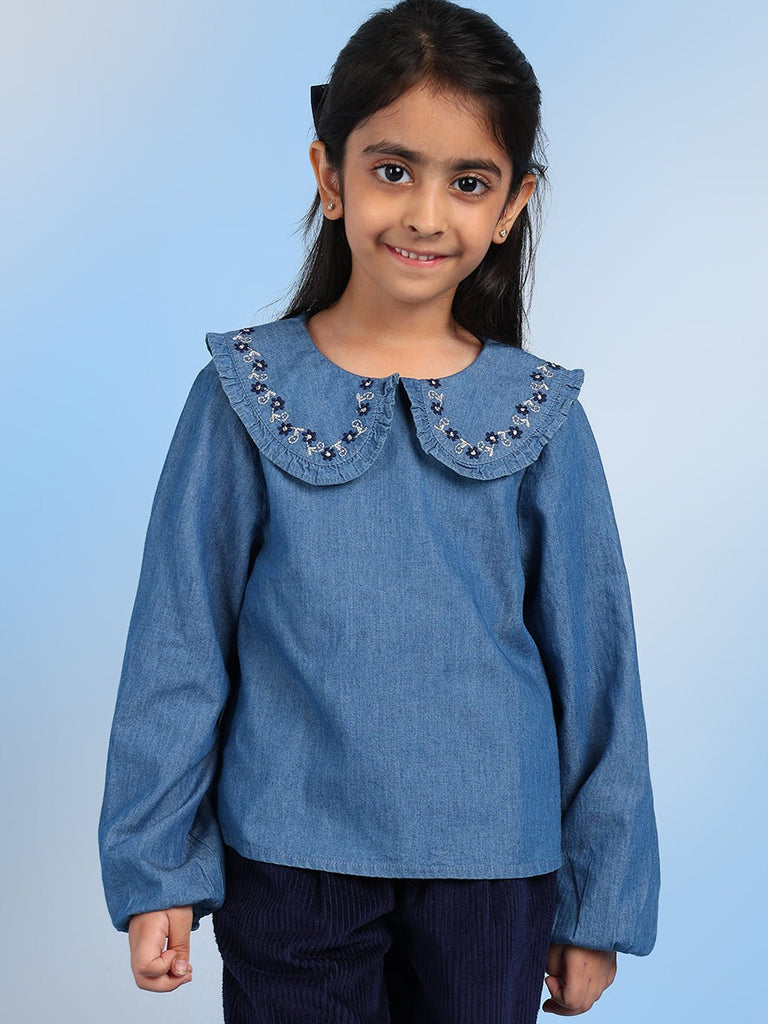 Riva Denim Peter Pan Collar Full Sleeves Girls Top Top The Tribe Kids   