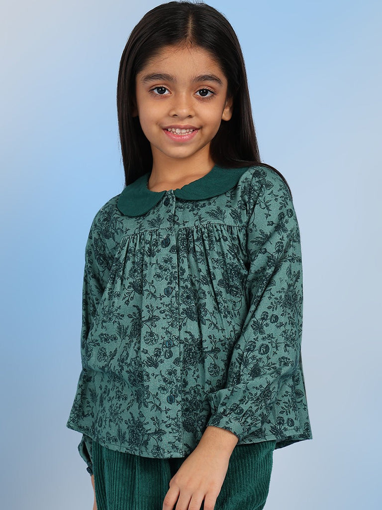 Ruby Cotton Floral Print Full Sleeves Girls Top - Green Top The Tribe Kids   