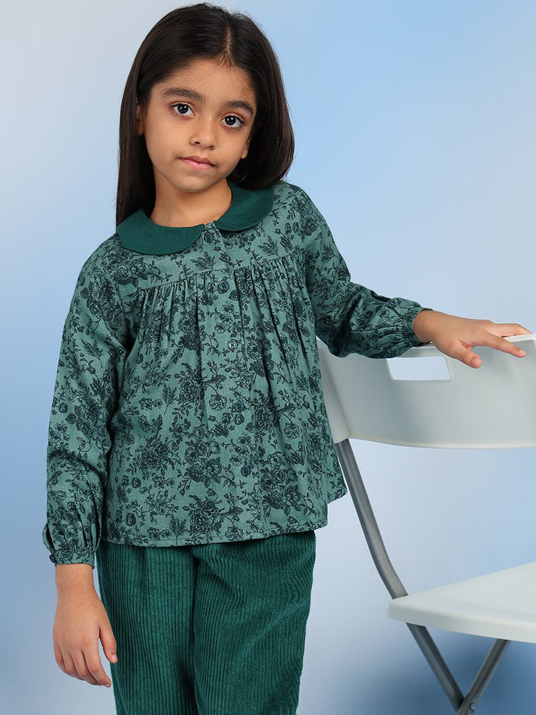 Ruby Cotton Floral Print Full Sleeves Girls Top - Green Top The Tribe Kids   