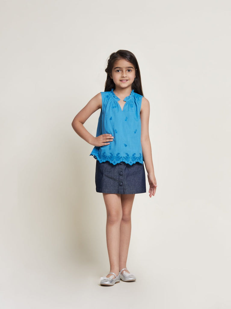 Samantha Sleeveless Flower Embroided Cotton Slub Girls Top - Blue Top The Tribe Kids   