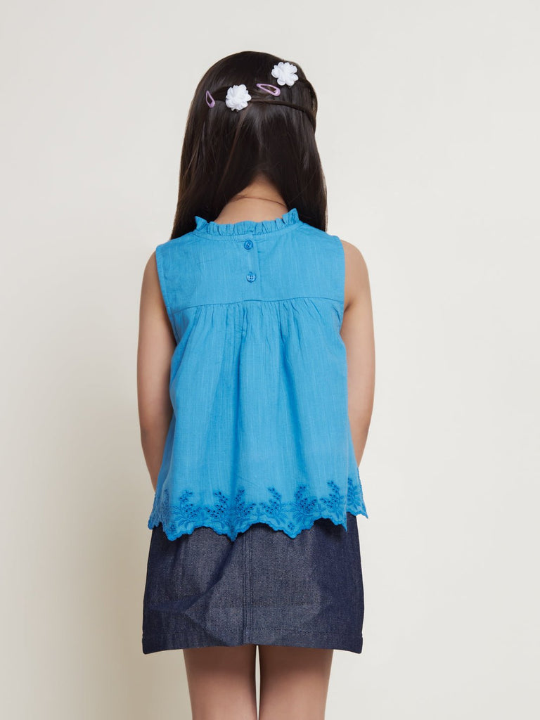 Samantha Sleeveless Flower Embroided Cotton Slub Girls Top - Blue Top The Tribe Kids   