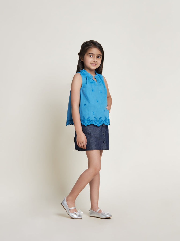 Samantha Sleeveless Flower Embroided Cotton Slub Girls Top - Blue Top The Tribe Kids   