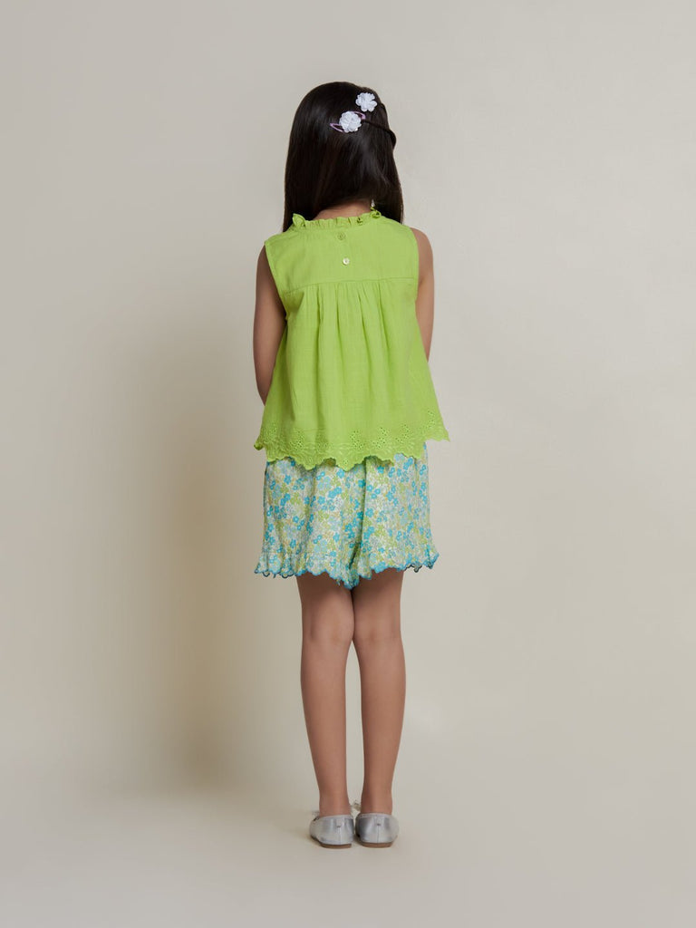 Samantha Sleeveless Flower Embroided Cotton Slub Girls Top - Green Top The Tribe Kids   