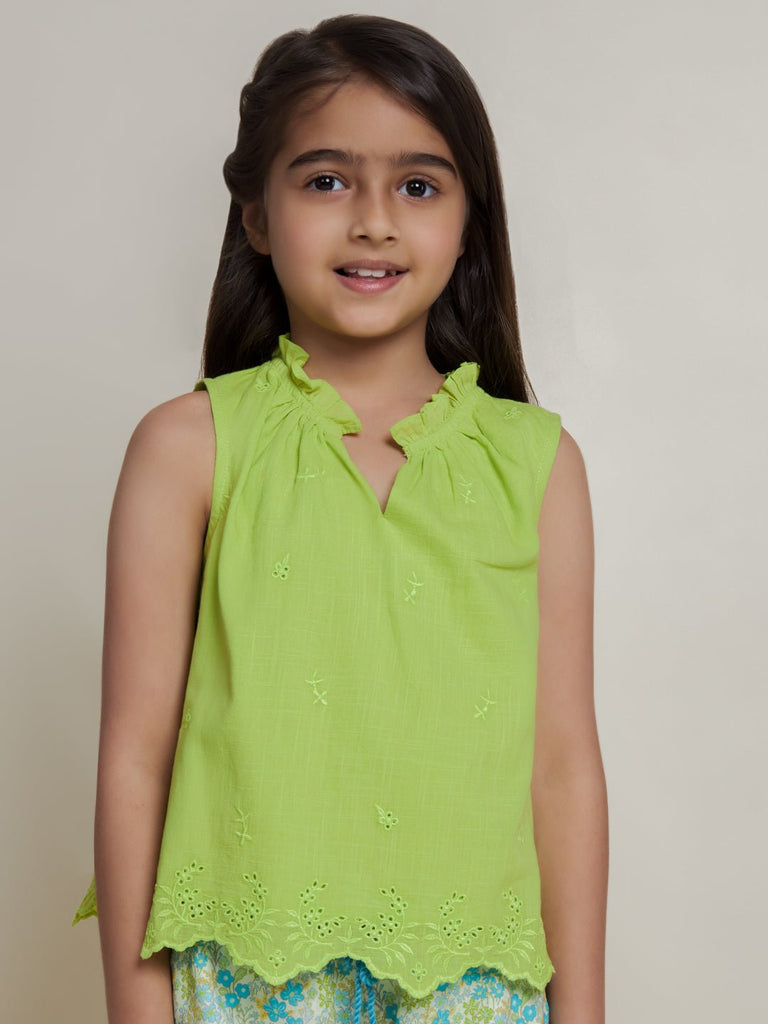 Samantha Sleeveless Flower Embroided Cotton Slub Girls Top - Green Top The Tribe Kids   