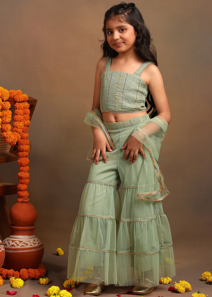 Sasha Festive Green Lurex Sharara Set with Top & Dupatta Set The Tribe Kids