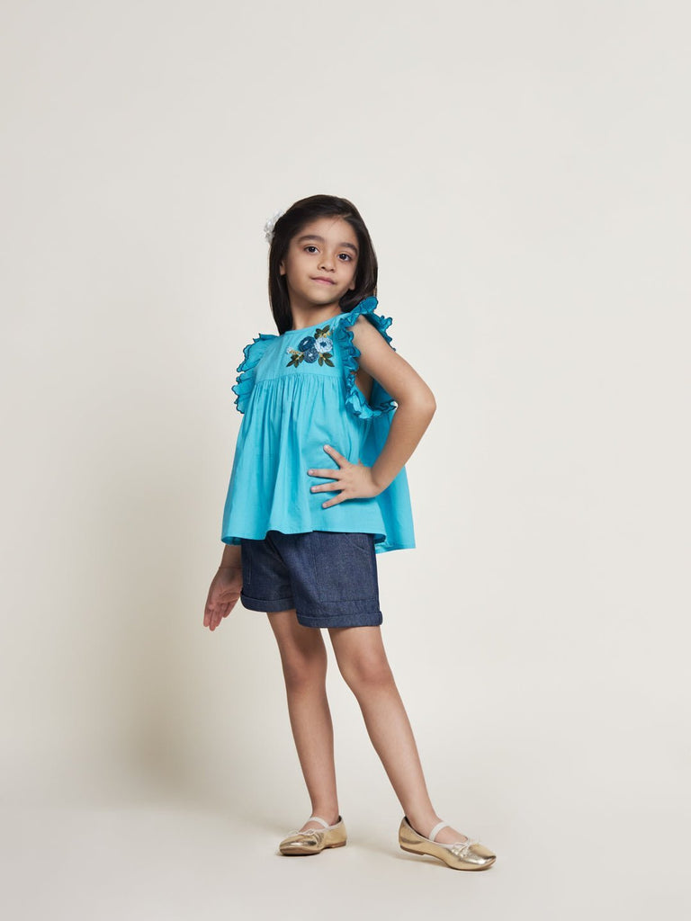 Handmade Flower Embroided Girls Top With Denim Shorts Top The Tribe Kids   