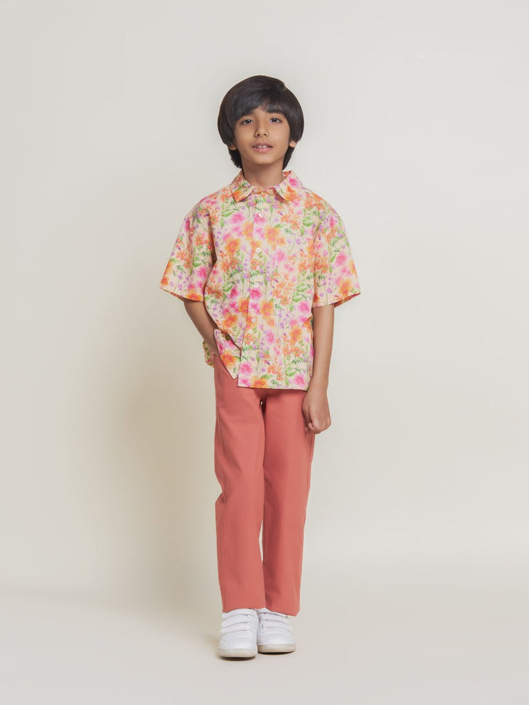 Set Of Hunter Boys Shirt & Cooper Pants - Orange flower/Brick Shirts The Tribe Kids   
