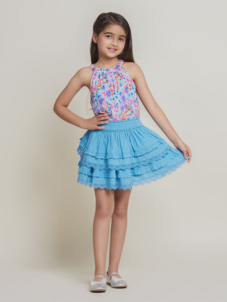 Vibrant Floral Printed Top With Stylish Schiffli Skirt Skirt The Tribe Kids   