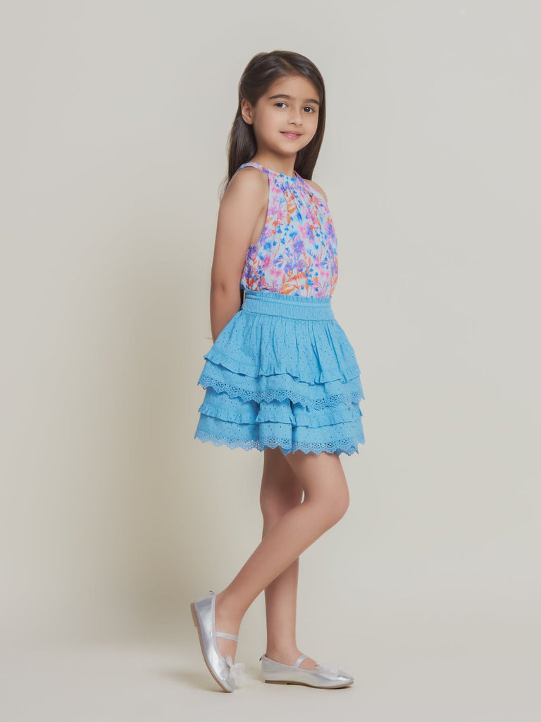 Vibrant Floral Printed Top With Stylish Schiffli Skirt Skirt The Tribe Kids   