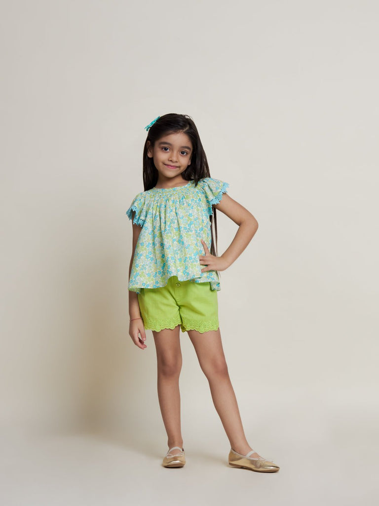 Sini Embroided Cotton Cambric Girls Shorts - Green Short The Tribe Kids   