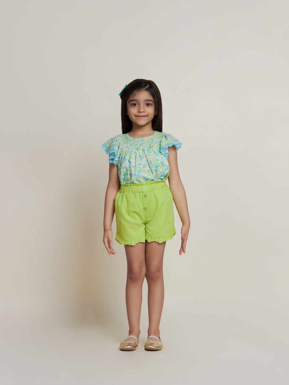 Buy Sini Embroided Cotton Cambric Girls Shorts Green Online