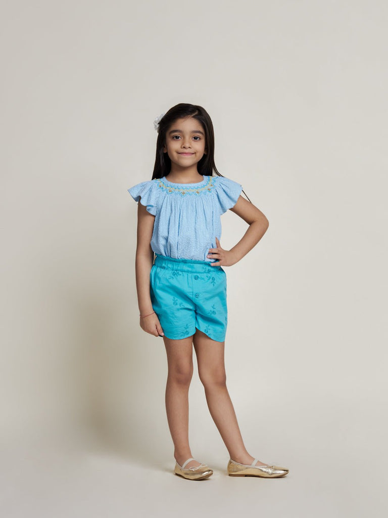 Sini Embroidered Cotton Cambric Girls Shorts - Blue Short The Tribe Kids   