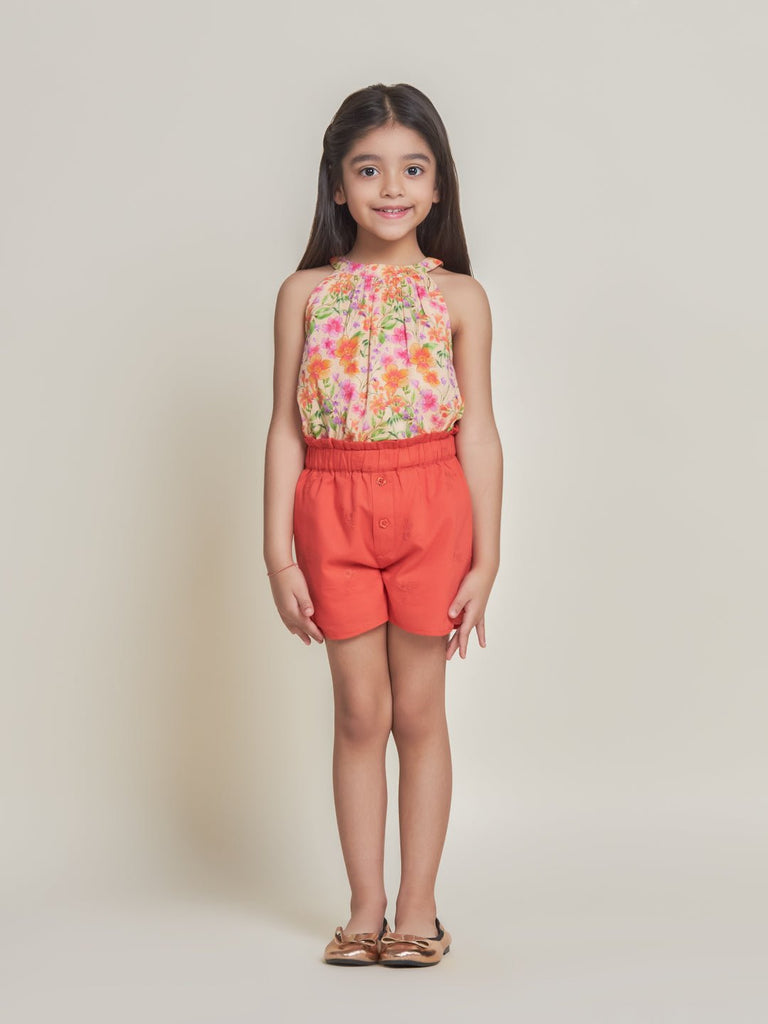Sini Embroidered Cotton Cambric Girls Shorts - Orange Short The Tribe Kids   