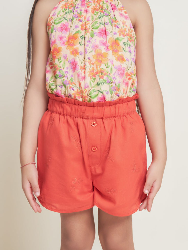 Sini Embroidered Cotton Cambric Girls Shorts - Orange Short The Tribe Kids   