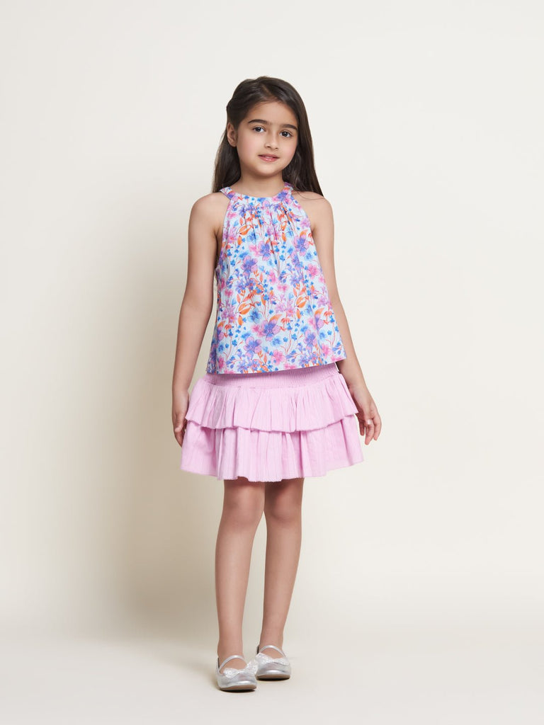 Sisi Sleeveless Cambric Print Girls Top- Blue Flower Top The Tribe Kids   