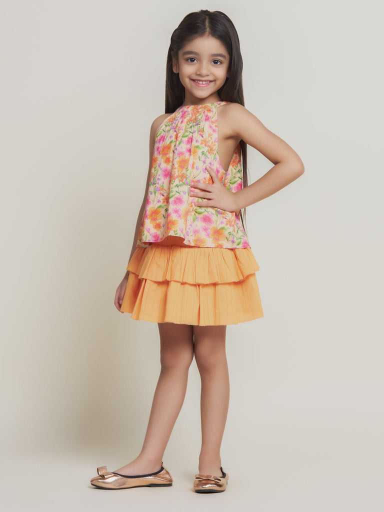 Sisi Sleeveless Cambric Print Girls Top- Orange Flower Top The Tribe Kids   