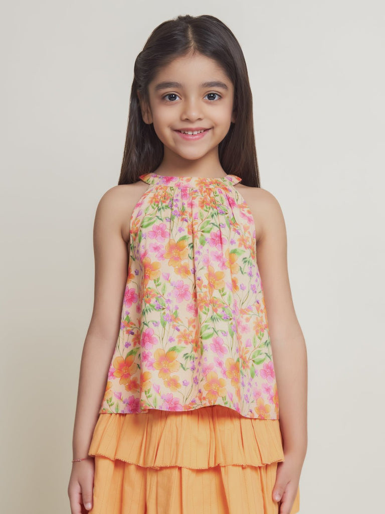 Sisi Sleeveless Cotton Girls Top - Orange Flower Top The Tribe Kids   