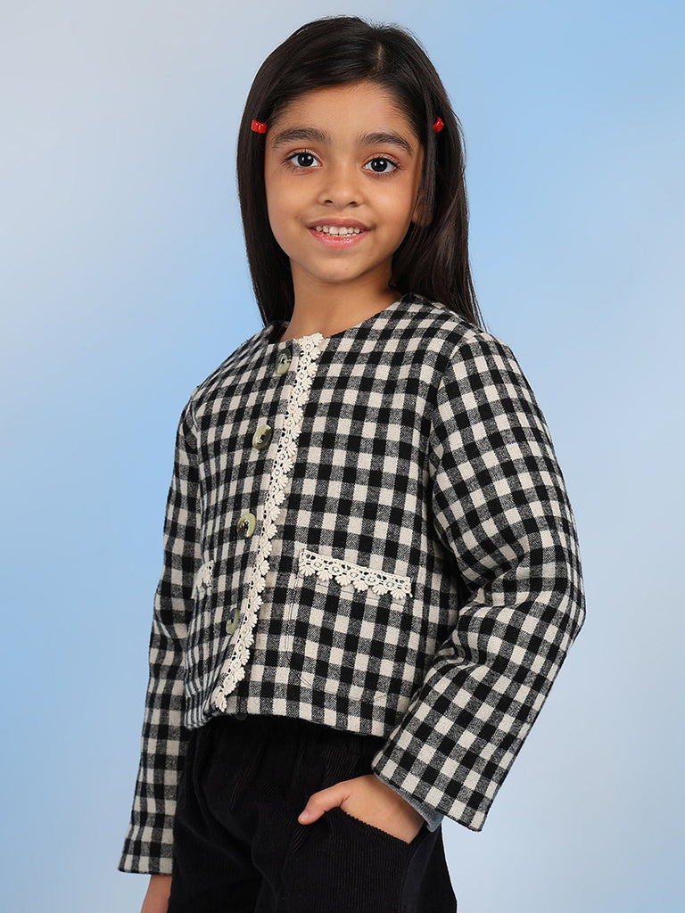 Snow Checks Girls Jacket With Floral Laces - Black/White Jackets The Tribe Kids   