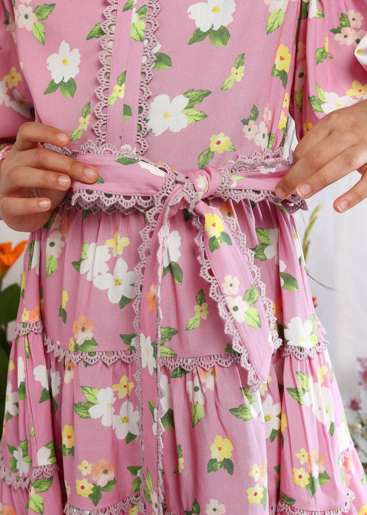 Stella Pink Floral Printed Cotton Dress With Belt Dress The Tribe Kids