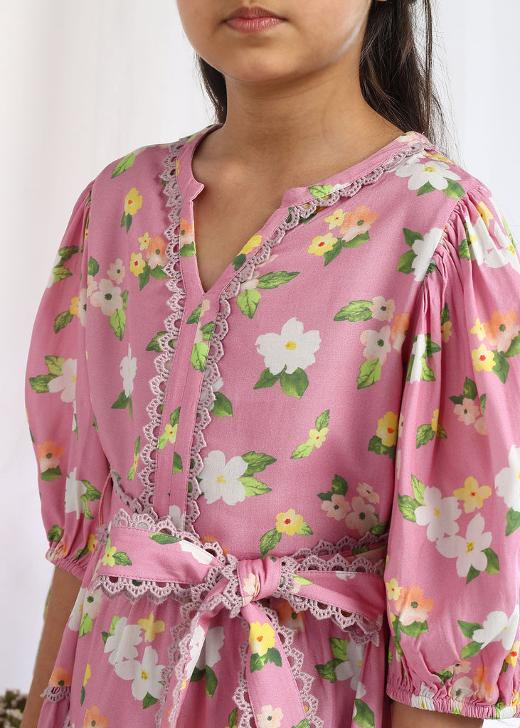 Stella Pink Floral Printed Cotton Dress With Belt Dress The Tribe Kids