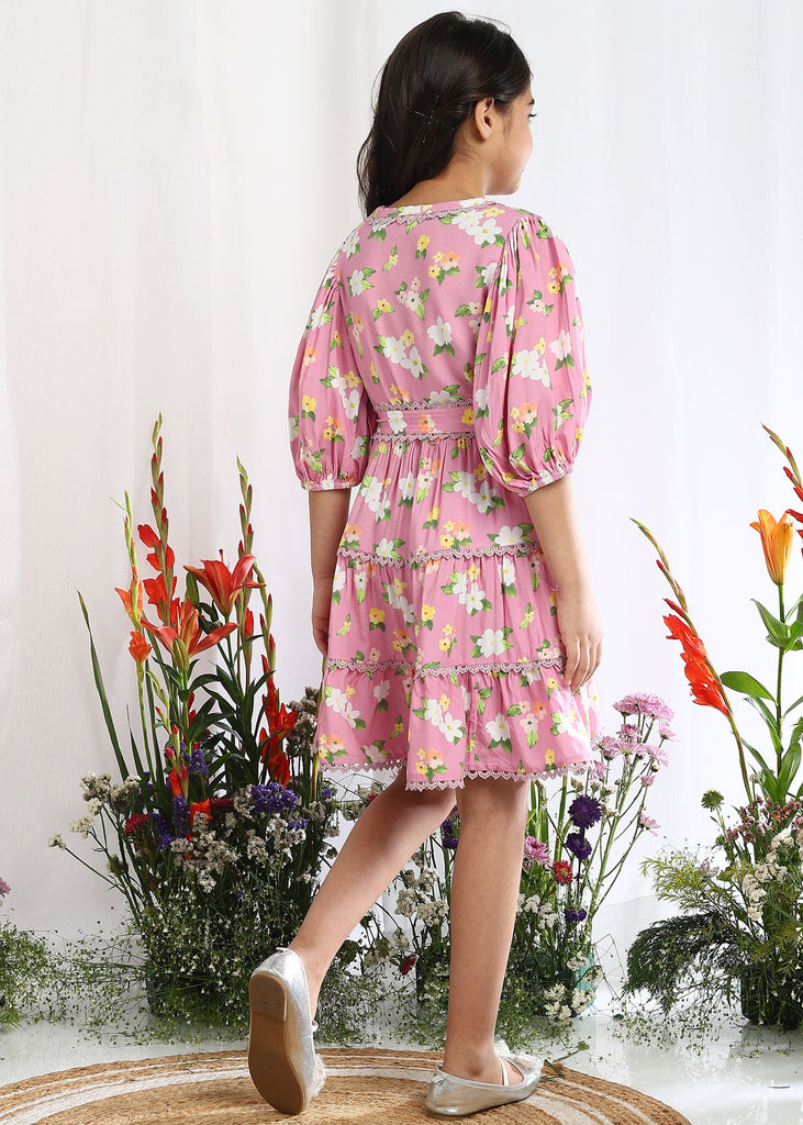 Stella Pink Floral Printed Cotton Dress With Belt Dress The Tribe Kids