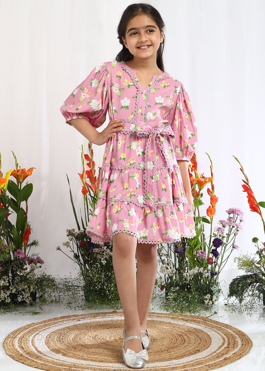 Buy Stella Pink Floral Printed Cotton Dress With Belt Online