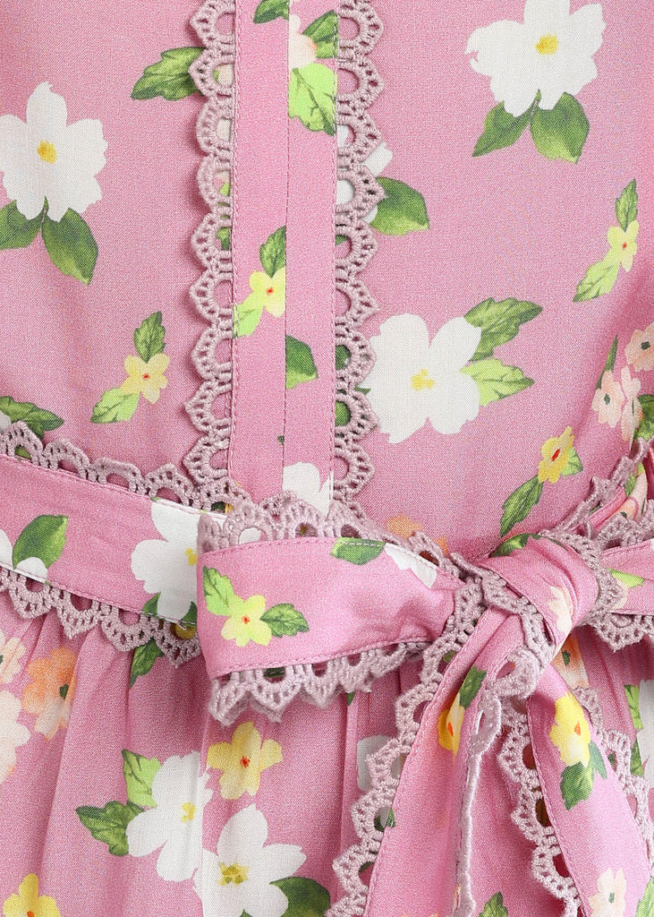 Stella Pink Floral Printed Cotton Dress With Belt Dress The Tribe Kids