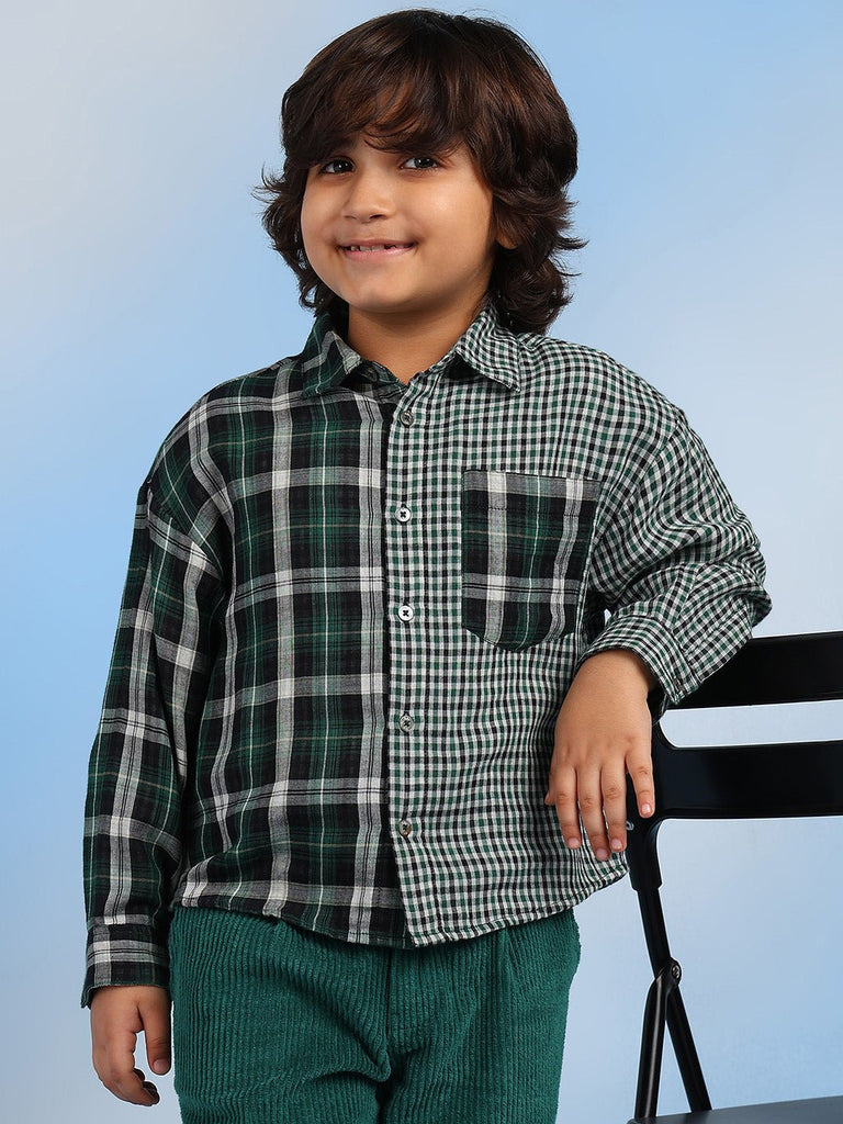 Storm Boys Relaxed Spread Collar Checked Cotton Casual Shirt - Green Shirts The Tribe Kids   