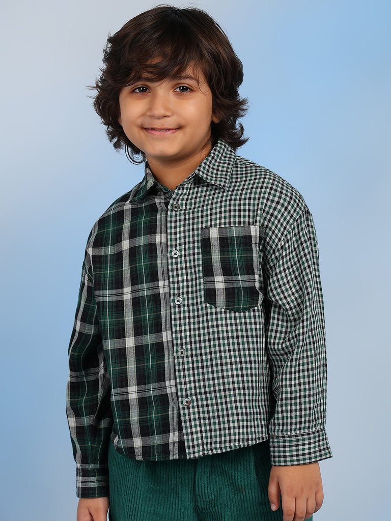 Storm Boys Relaxed Spread Collar Checked Cotton Casual Shirt - Green Shirts The Tribe Kids   