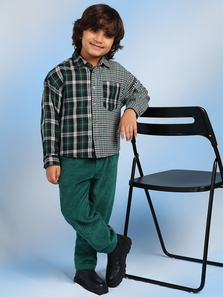 Storm Boys Relaxed Spread Collar Checked Cotton Casual Shirt - Green Shirts The Tribe Kids   