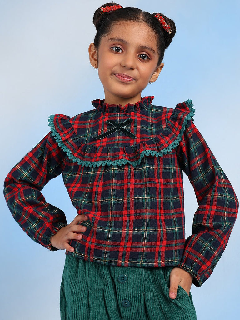 Zoya Christmas Checks Cotton Full Sleeve Girls Top - Multicolor Top The Tribe Kids   