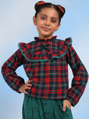 Zoya Christmas Checks Cotton Full Sleeve Girls Top - Multicolor