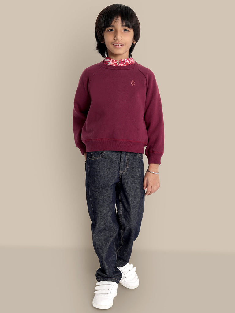 Alan Flower Embroidery Fleece Cotton Boys Sweatshirt - Maroon Sweatshirt The Tribe Kids   