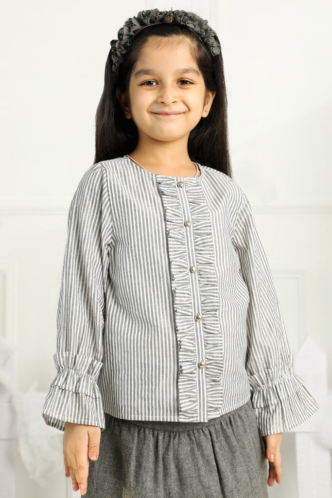 Alessia Cotton Yarn Dyed Lurex Stripes Girls Top - Gray Top The Tribe Kids   