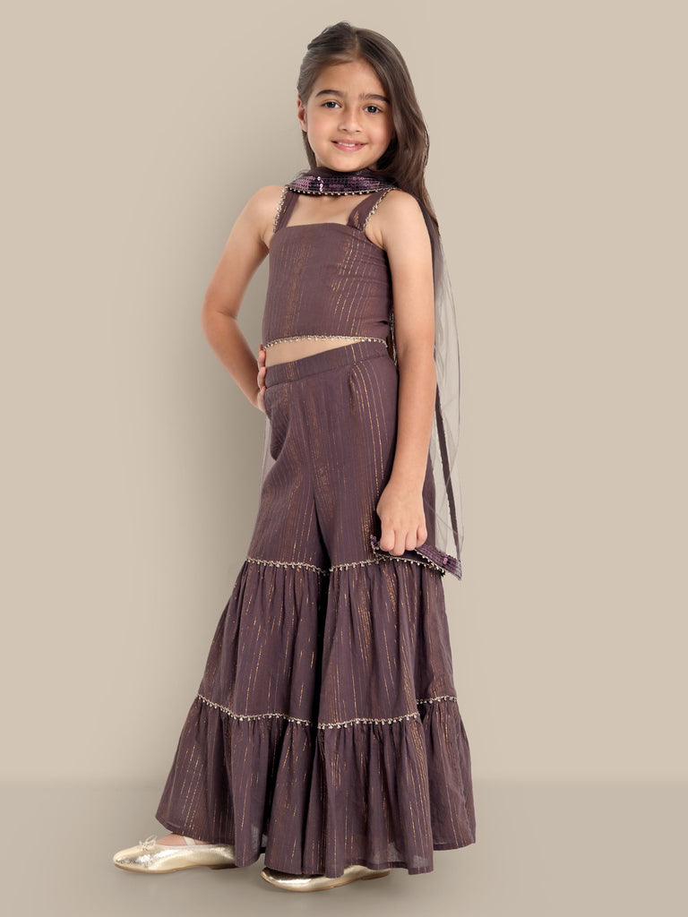 Anaisha Cotton Lurex Stripes Girls Sharara Set - Purple Garden Set The Tribe Kids   