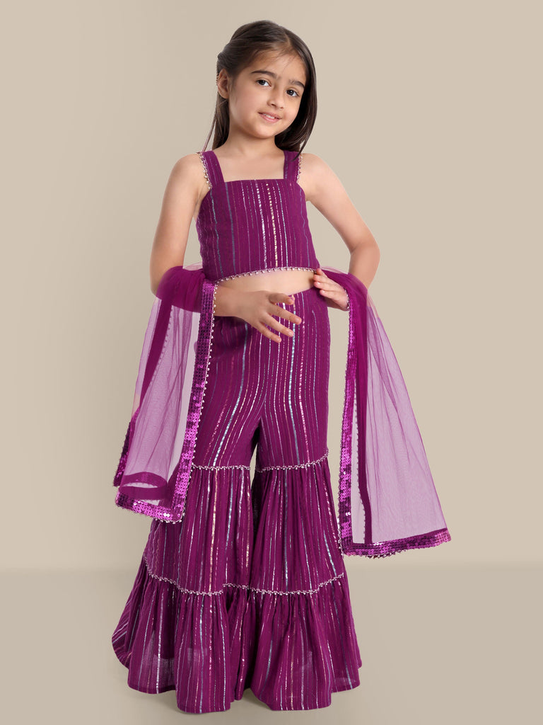 Anaisha Purple Cotton Lurex Stripes Girls Sharara Set Set The Tribe Kids   