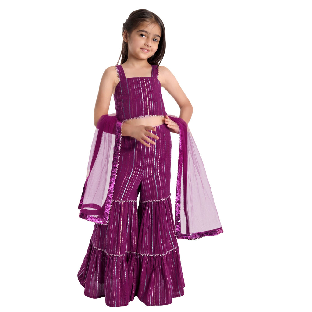 Anaisha Purple Cotton Lurex Stripes Girls Sharara Set Set The Tribe Kids   