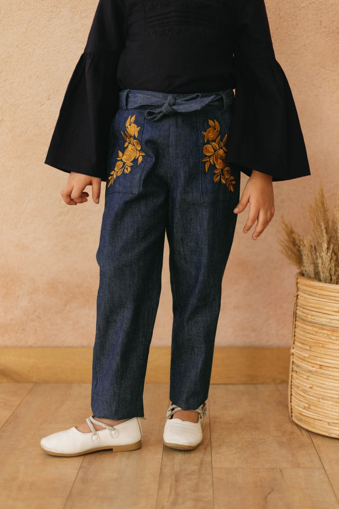Calisto Flower Embroidered Cotton Girls Pants - Navy Pant The Tribe Kids   