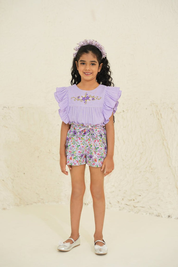 Calma Cotton Flower Print Girls Shorts - Purple Garden Short The Tribe Kids   