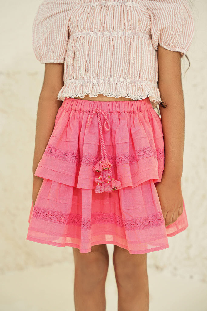 Camila Ruffled Waistline Cotton Organdy Girls Skirt - Pink Skirt The Tribe Kids   
