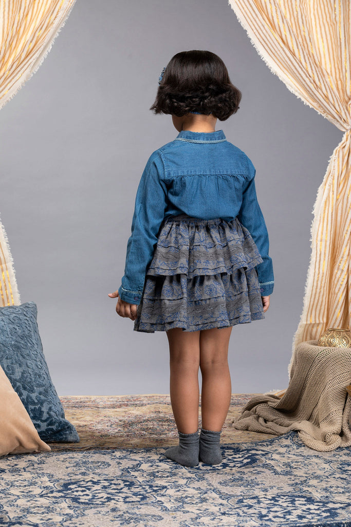 Camila Double Layered Cotton Melange Girls Skirt - Blueberry Bouquet Skirt The Tribe Kids   