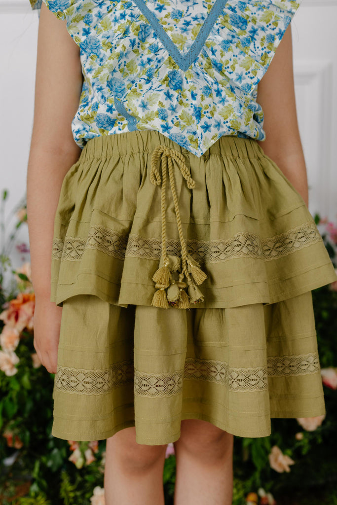 Camila Ruffled Waistline Cotton Cambric Girls Skirt - Green Skirt The Tribe Kids   