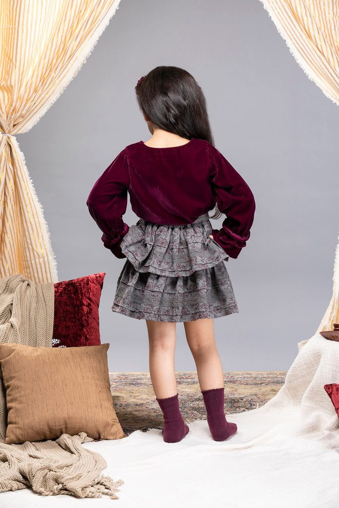 Camila Double Layered Cotton Melange Girls Skirt - Wine Bouquet Skirt The Tribe Kids   