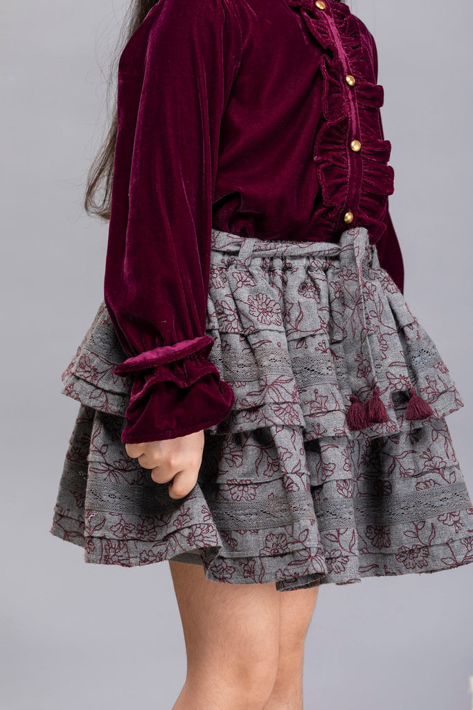 Camila Double Layered Cotton Melange Girls Skirt - Wine Bouquet Skirt The Tribe Kids   