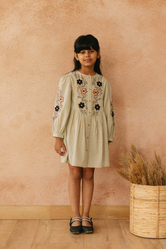 Claire Flower Embroidery Cotton Girl Dress - Ecru Dress The Tribe Kids   
