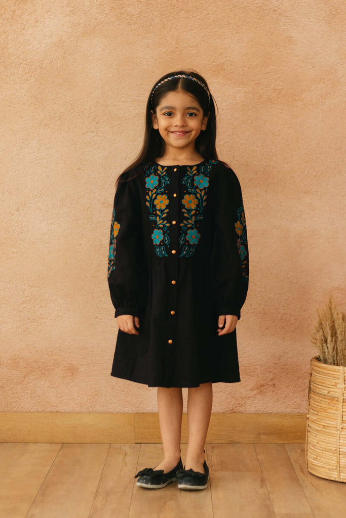 Claire Boho Beauty Girl Dress - Black Cotton Linen Dress Dress The Tribe Kids   