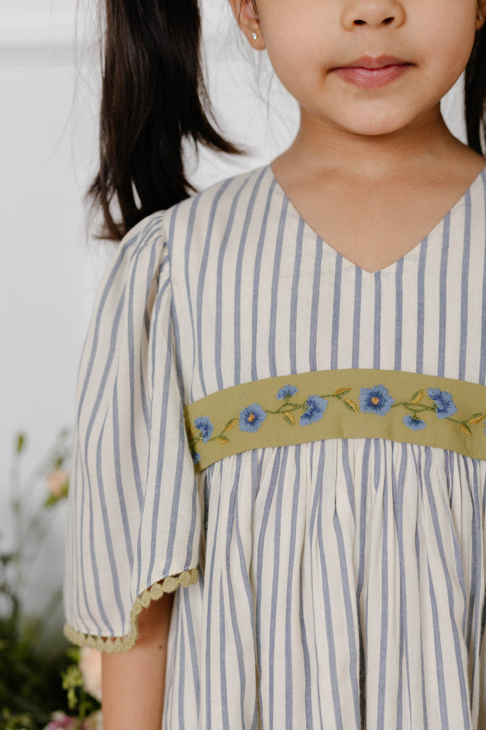 Denisse Flower Embroidered Viscose Stripes Girls Dress - Blue Dress The Tribe Kids   
